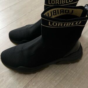 LoriBlu Black Knit Sock Ankle Boots with Gold Trim